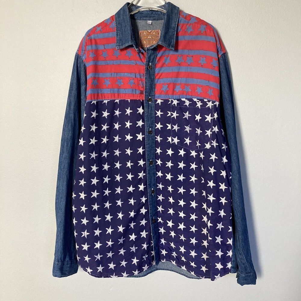 Vintage‎ Shirt Mens Large Stars Stripes Red White Blue Denim July Fourth Artsy